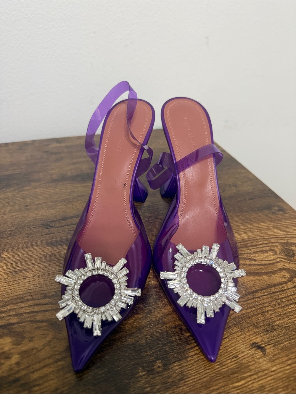 Amina Muaddi Purple Pointed Crystal-Embellished Slingback Mules